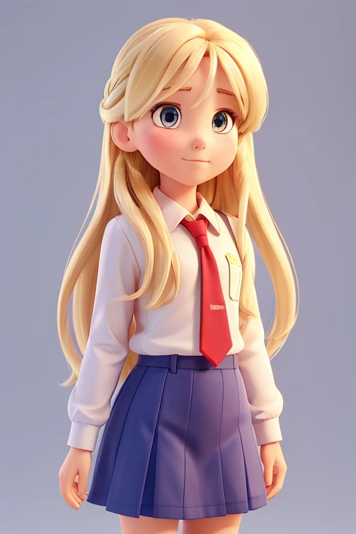 milaww, long blonde hair, white shirt, plaid skirt, red ribbon, school uniform, blue eyes, pointy ears, freckles, looking at viewer, serious, smiling,sitting, on desk, inside classroom, high quality, masterpiece, <lora:milaww:.6>