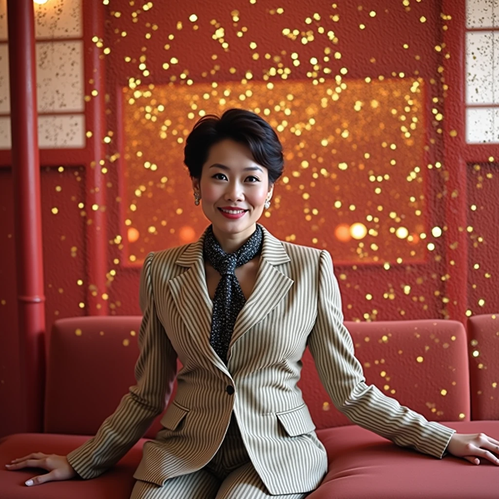 She wore black stockings and pointy stilettos..、A 40-year-old Japanese woman wearing a striped suit.、Black and gold pattern scarf