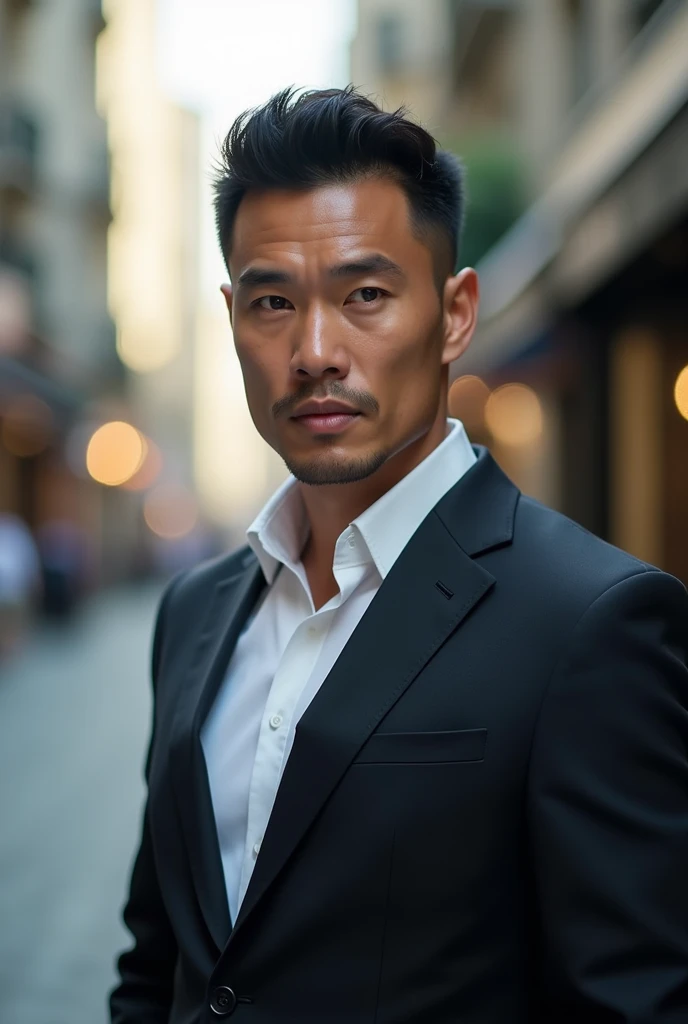 (photorealism:1.2),Thai smart man, light brown skin, almost white, oval face, proportionate, fierce eyes but with a slight smile at the corner of the mouth, looks like a bad boy, no beard, age 49, no glasses, height 170, weight 75 kg. Single person, half body, upper body, wearing semi-formal attire, white shirt inside, wearing a dark suit over it, standing slightly turned away, shirt front slightly open, looks like a leader.