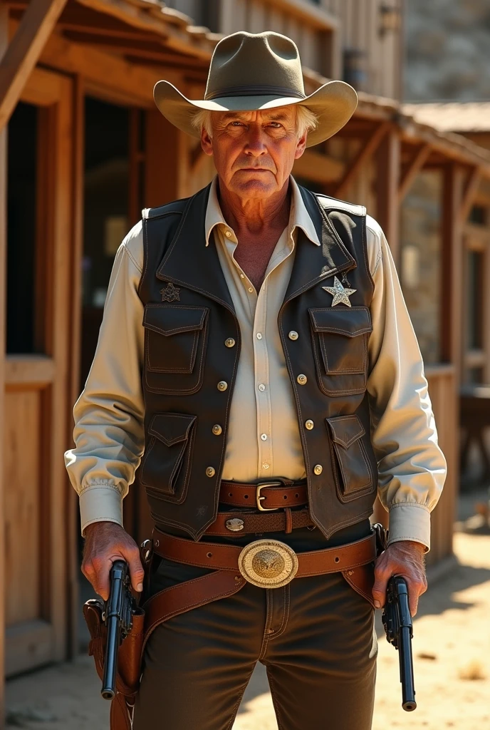 60 year Old man wearing cowboy outfit with the hat, he draw his both revolvers from his holster shotgun, he doesn't have beard, he has sherif star on his vest, he's in the front of a saloon wildwest wood door