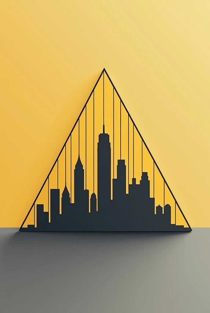 Logo with vertical lines that resemble a city inside a triangle in yellow and gray tones with a minimalist drawing style and thin lines
