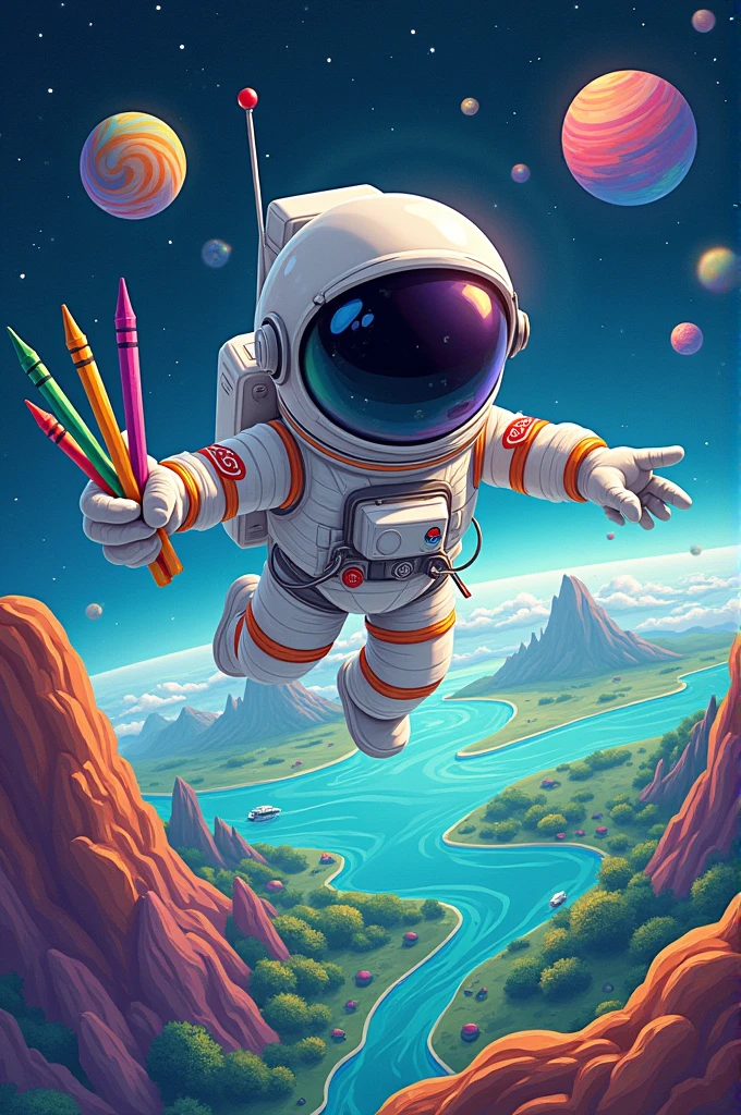 Astronaut coloring page on a planet top view