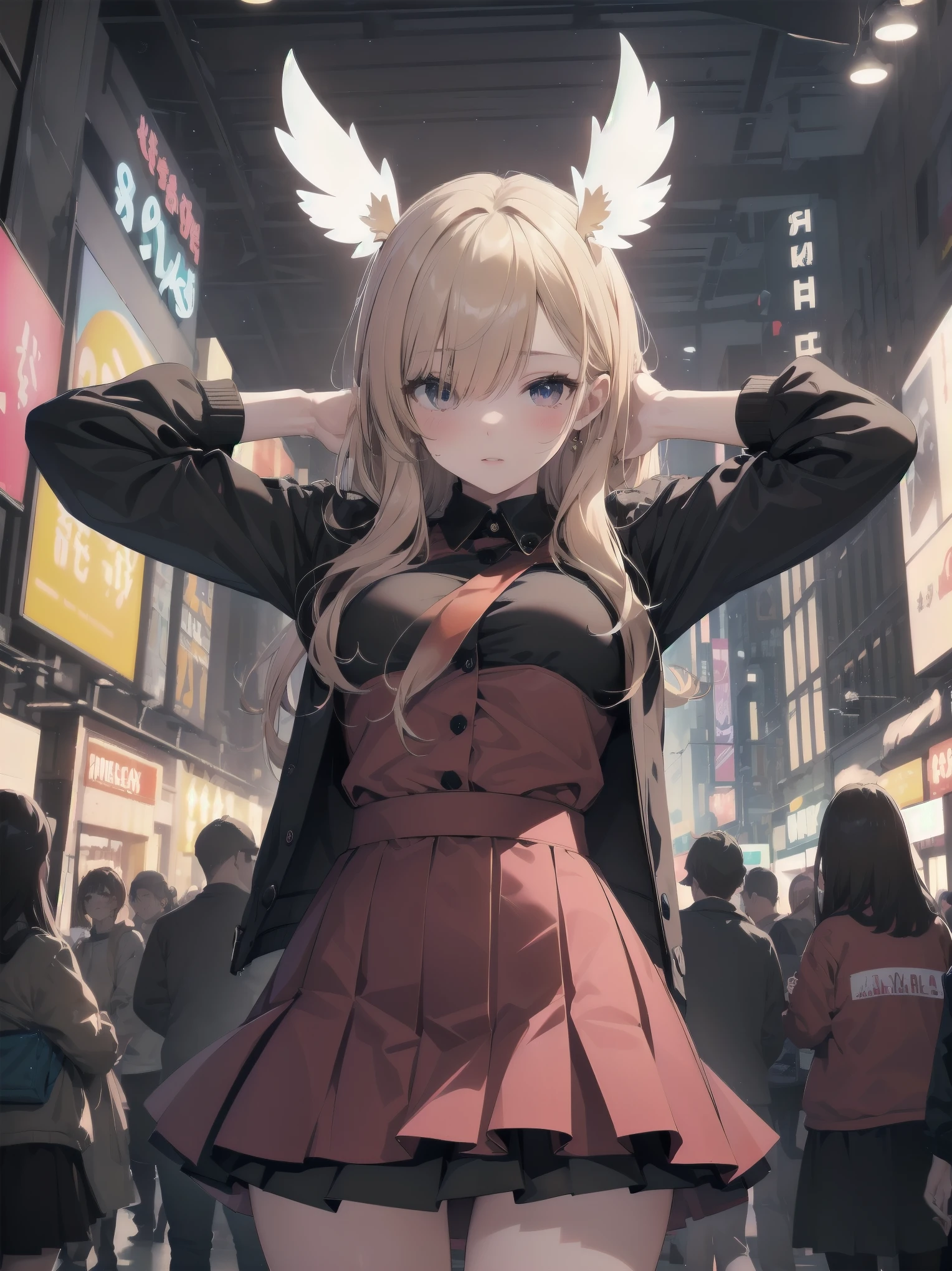 Highly detailed CG Unity 8k wallpaper, best quality, highly detailed, masterpiece, Highly detailed cute girl, 18 years old, (((lifting skirt by herself))), (lifting by herself), dynamic angles, sexy pose, blush, lips apart, looking at the audience , half body shot, (crowd), (crowded big city)), hair over one eye, immaculate beauty, upscale, less revealing clothing