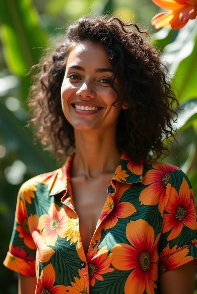 A Brazilian woman in a lush tropical garden, wearing an open shirt with a floral print, with a close-up capturing the harmonious beauty between her breasts and the natural flowers, showing off your natural charm and outgoing personality.