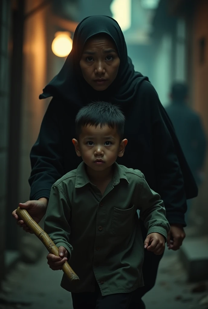 a asian muslim mother holding a bamboo stick chasing her small asian muslim child with an angry face, the boy running away with fear face, detailed facial features, dramatic lighting, cinematic composition, moody atmosphere, high contrast, photorealistic, award winning photograph, 8k, HDR. 1980 timeline