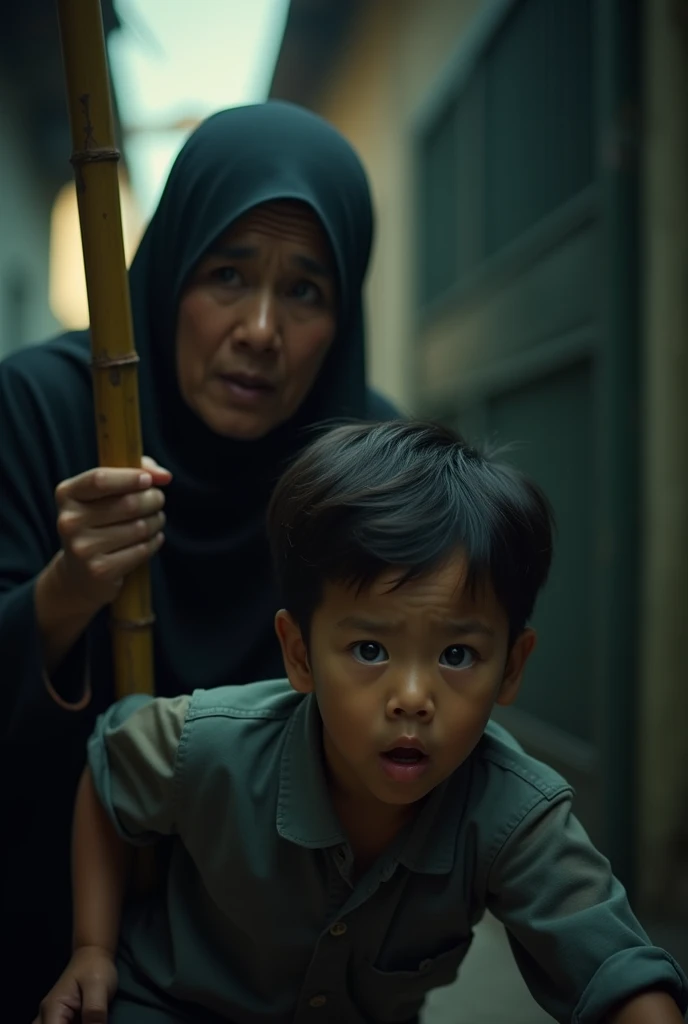 a asian muslim mother holding a bamboo stick chasing her small asian muslim child with an angry face, the boy running away with fear face, detailed facial features, dramatic lighting, cinematic composition, moody atmosphere, high contrast, photorealistic, award winning photograph, 8k, HDR. 1980 timeline