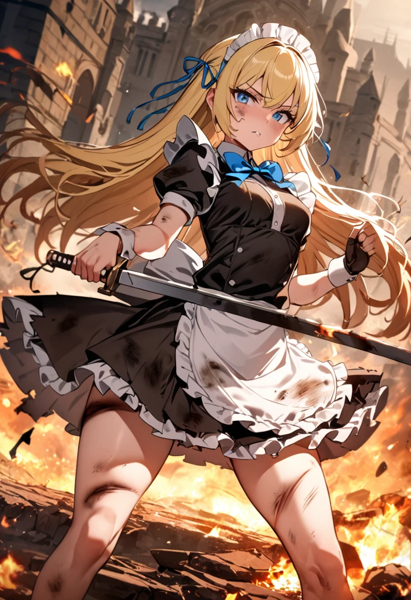 (8k, super high quality, masterpiece), (detailed), One Woman, Small breasts, Blonde, cute, Slightly longer length, Blue ribbon, Apron dress, Maid clothes, Slash with a two-handed sword, Perfect Stance, Burning Battlefield, Castle Defense, My whole body is dirty., Torn clothing, A strong enemy in front of me, Deadly Combat, Intense Combat, Quite dirty, Scorched, injury,