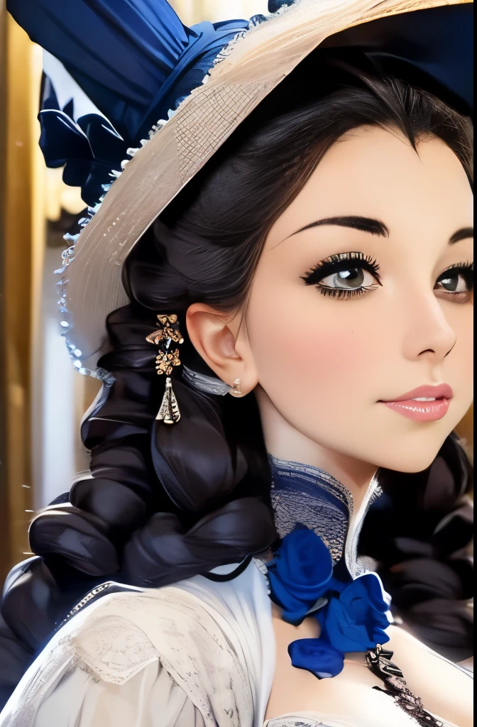 a close up of a woman in a dress with a hat on, olivia culpo as milady de winter, victorian style costume, with victorian clothing, dressed in a medieval lacy, inspired by Nina Petrovna Valetova, a beautiful victorian woman, nina dobrev, in victorian aristocrat, victorian inspired clothing, in costume, carice van houten