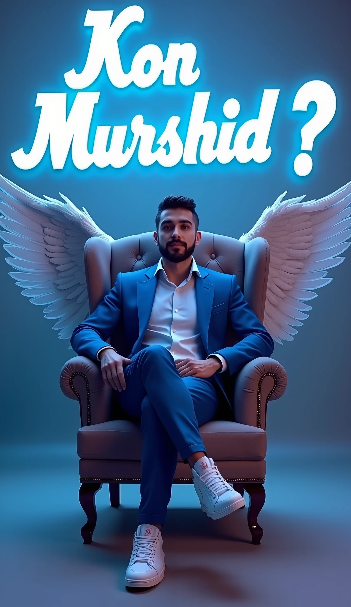 Create a 3D illustration for a profile picture where a 38 year old “Man”,With a blue suit, casually on a wings back chair, wearing sneakers a white,, the background features “Kon Murshid ?” in big and capital letters White neon light fronts on the back wall, there should not be his shadow and there are wings to make it appear as if he is angel.
