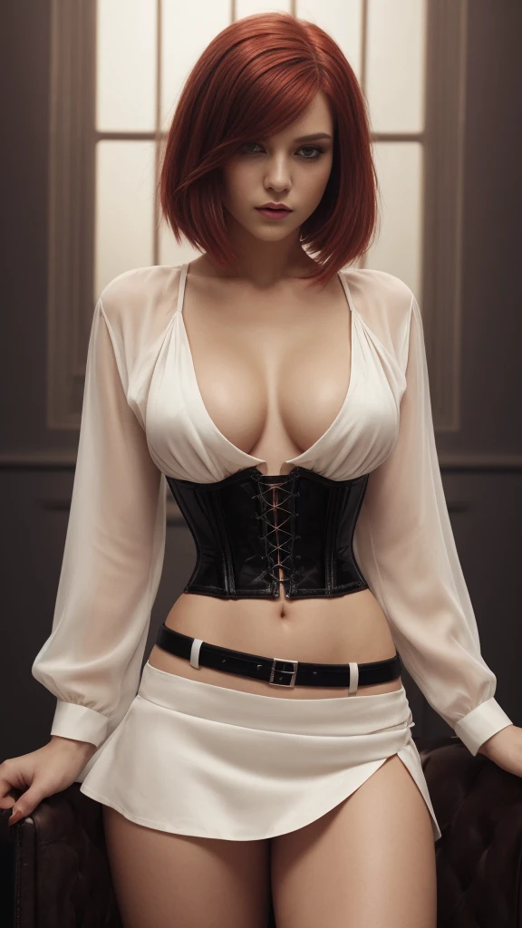 a gorgeous woman wearing a white silk shirt with a deep v neck, tiny white miniskirt, and a belt, cinched waist, bright lighting, photorealistic, high fashion editorial, crimson hair, vampire, corset, looking at camera, bobcut hair, undercut hair, red panties