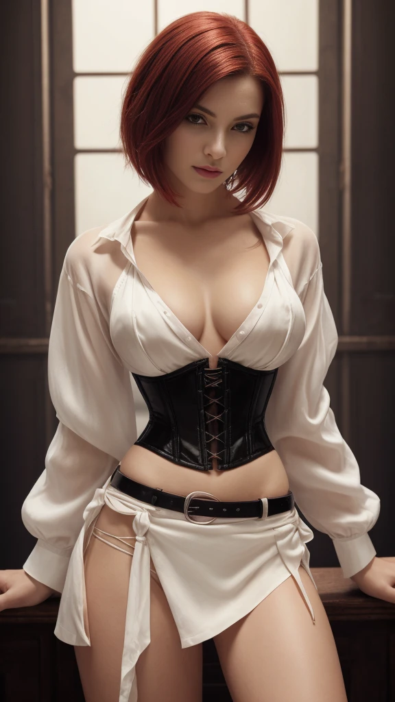 a gorgeous woman wearing a white silk shirt with a deep v neck, tiny white miniskirt, and a belt, cinched waist, bright lighting, photorealistic, high fashion editorial, crimson hair, vampire, corset, looking at camera, bobcut hair, undercut hair, red panties