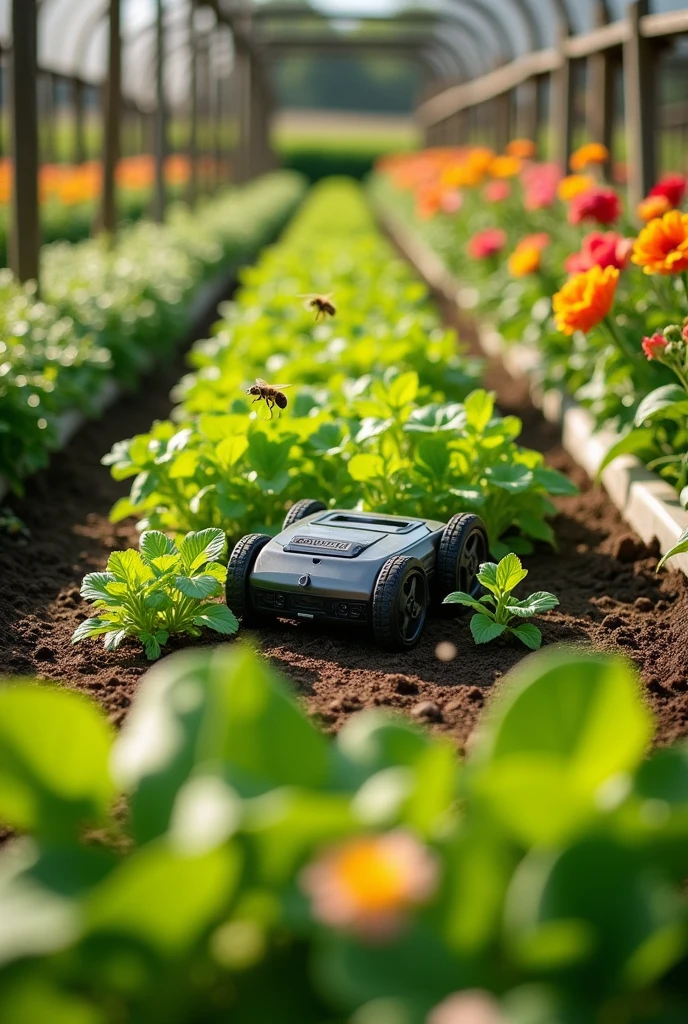 Create an agricultural garden, where plants are planted, and a robot with irrigators, to water these plants, The robot must be small in size.