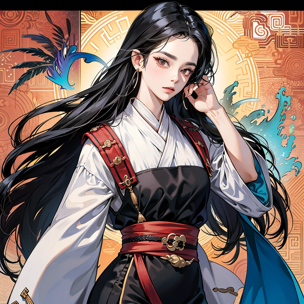 NSFW, obra-prima, melhor qualidade, ultra-detalhado, semi-realista, detailedfacialfeatures, 2mulher,usando roupa toda negra sensual antiga wuxia,cabelos compridos negros,olhos escuros,roupa feminina de batalha,Dragon Clan Lady Style,sexy,seios grandes,olhar malicioso e sedutor,Mulher muito bonita,He is standing holding in his left hand a whip and in his right hand a thin one, espada ancestral afiada,protagonista