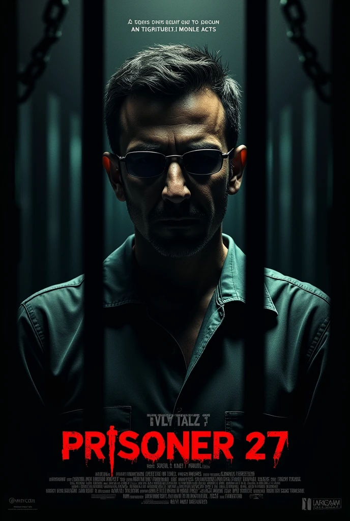 Create a movie poster for the film titled 'PRISONER 27.' The poster should depict the character 'Peter,' played by Jay, in a prison setting, with his face partially obscured by jail bars or other prison elements like shadows or chains. The obscured face should add to the mystery and tension, suggesting confinement and struggle. The tagline 'A tiger does not shout its tigritude, it acts.' should be prominently displayed in a bold, gritty font. The background should be dark and moody, with intense lighting that highlights the prison elements and creates a sense of suspense.

Include the following credits at the bottom of the poster in a professional movie-poster style:

Naduthattil Productions Presents
In association with HUSSAIN BROTHERS
Written & Directed by ASHIQ HUSSAIN
An AALAP KRISHNA MUSICAL
DOP AKSHAY MOHAN
EDITOR SREEJITH
SCREENPLAY by SUBIN SURESH, ASHIQ HUSSAIN
PRODUCED BY ANANDHU KRISHNAN, ASIF HUSSAIN
ASSOCIATE DIRECTOR ALTHAF
SFX & MASTERING AALAP KRISHNA
DI POTTAKKANNAN
ASSISTANT DIRECTOR ABHISHEK KUMAR
PUBLICITY DESIGN - Ajay Biju

JAY as PETER

Use shadows and lighting to create an intense atmosphere, with the hidden elements adding depth to the poster. The overall tone should be dark and evocative, drawing the viewer into the film’s storyline."







