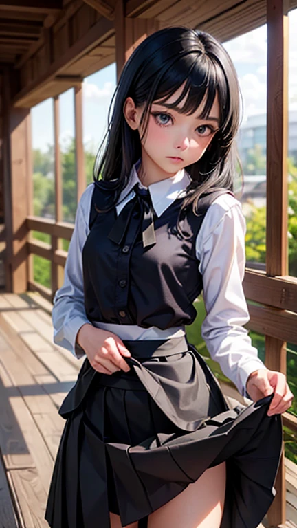 One Woman, alone, alone Focus, Cowboy Shot, Portraiture,Beaver,((Black Hair)), Very beautiful eyes, work,  (Small TI quality, Very detailed,uniform,(((Skirt Lift)))