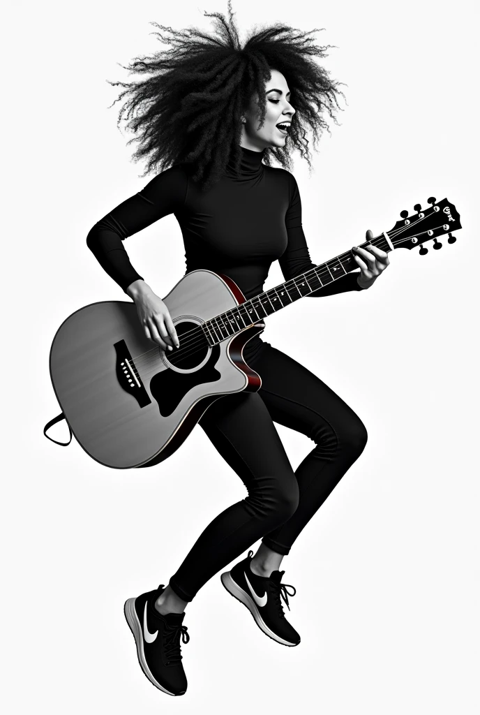 logo woman with curly hair playing guitar black and white, wearing a black turtleneck shirt and nike sneakers