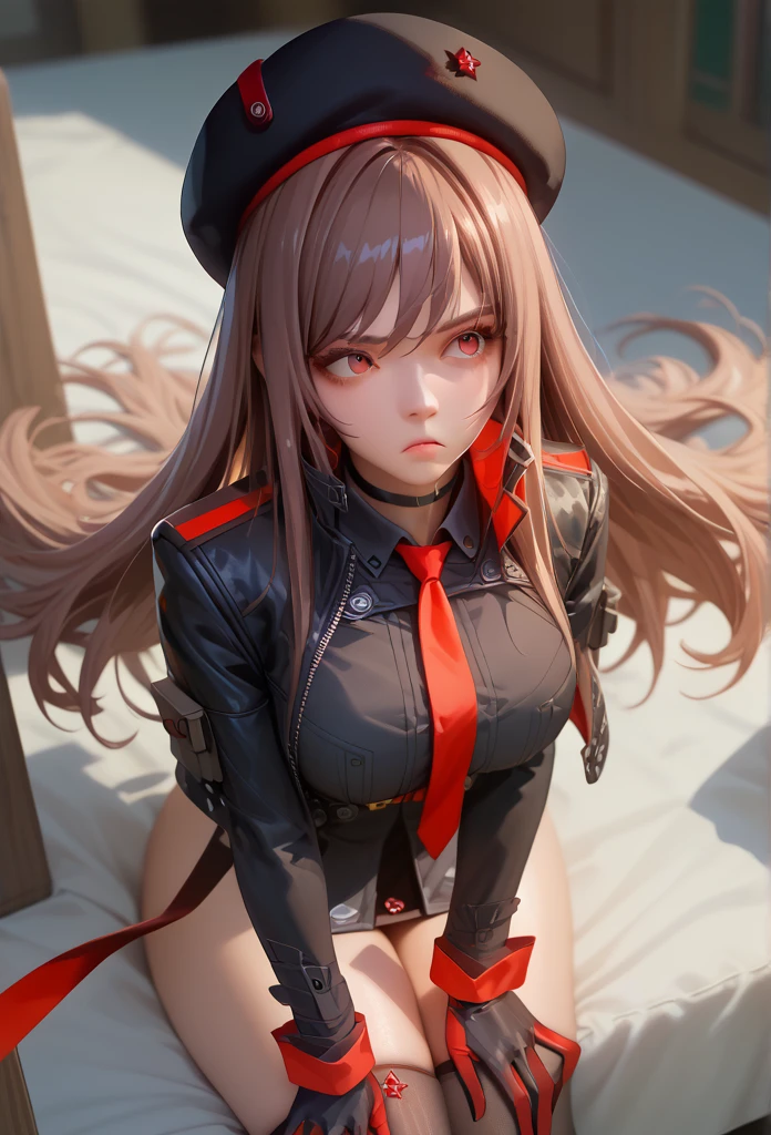 Lapidev, Red eyes, Brown Hair, Long Hair, bangs, beret, Black jacket, Cropped jacket, Red tie, gloves, Black Shirt, 
Knee socks,9,score_8_superior,score_7_superior,masterpiece,Highest quality,Perfect Anatomy,so beautiful,Official Art,8k,Shiny_skin,fair_skin,white_skin, eiza、the throat is bulging、Thighs:1.4,Large Breasts:1.5,Sword Swallowing Position,The choker broke.