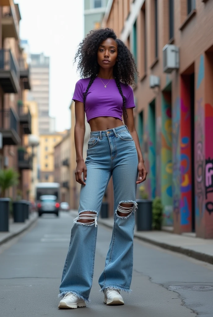 slender man, wide hips, round butt, long legs, thick thighs, Porcelain skin, fine facial features, dark brown almond eyes, thick lips, Medium length curly hair gathered with two braids on the sides, hairless face, Latin assendencia, Brown skin.
Man with jeans, purple croptop and white sneakers.