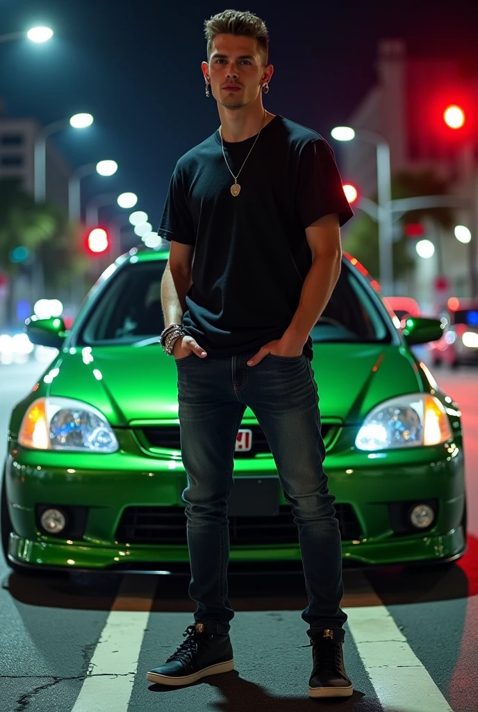 (photorealism:1.2), very handsome Young man is holding a cigaretes on his finger, black t-shirts and tight scars jeans, standing beside his modified civic ferio car(glossy green), smoked, the traffic lights and marks, low angle camera shots, headphones, black nike sneakers, car lights in the streets at nights