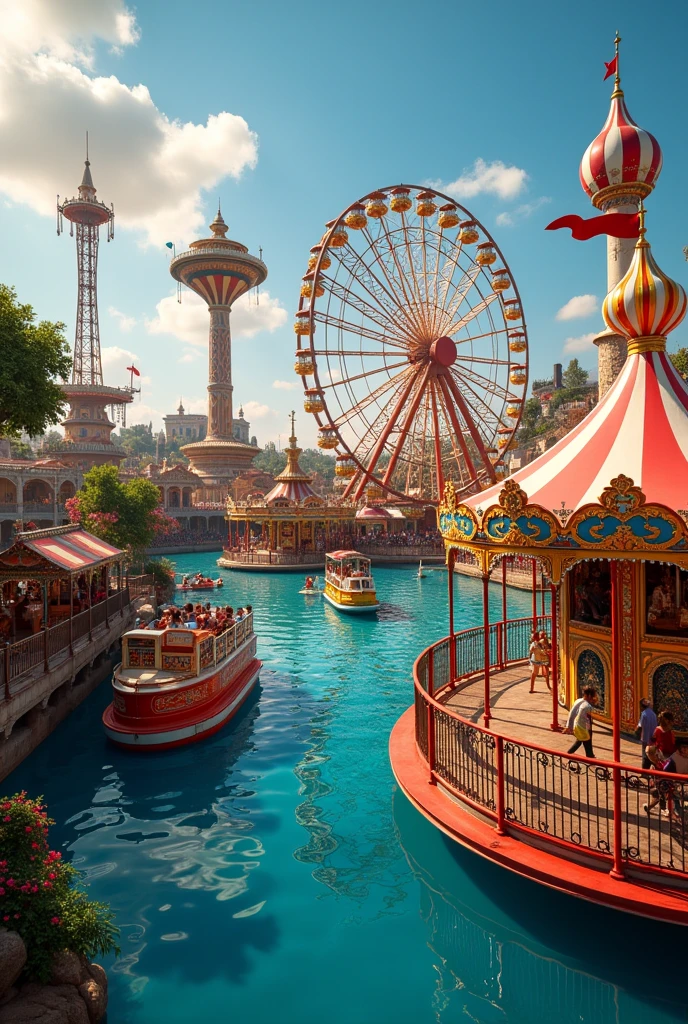Make a plan of an amusement park that has a mechanical boat,carousel,Wheel of Fortune,caida libre y Wheel of Fortune