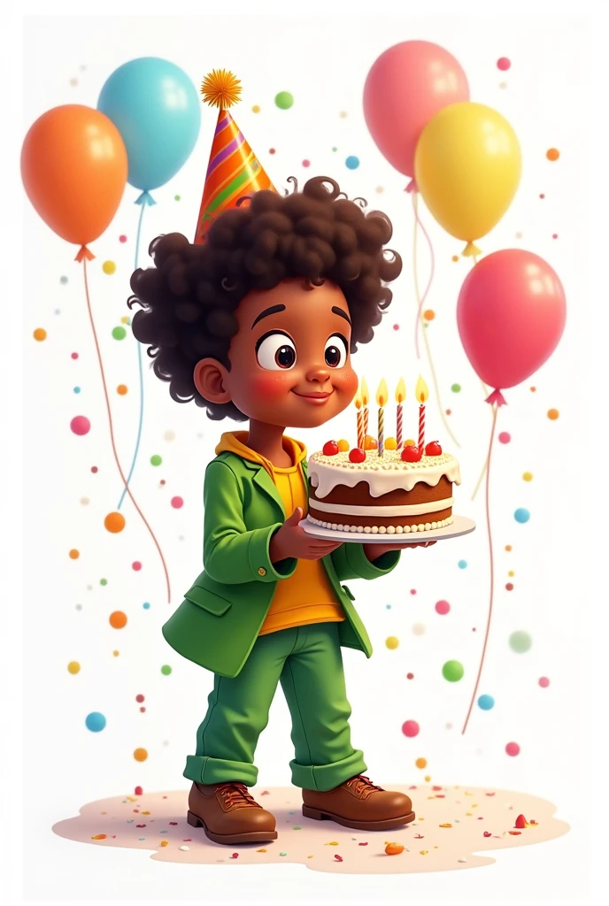 Young dark-skinned man dressed in green with balloons blowing a cake and with a hat on his head animated cartoon without beard blowing on white background curly hair