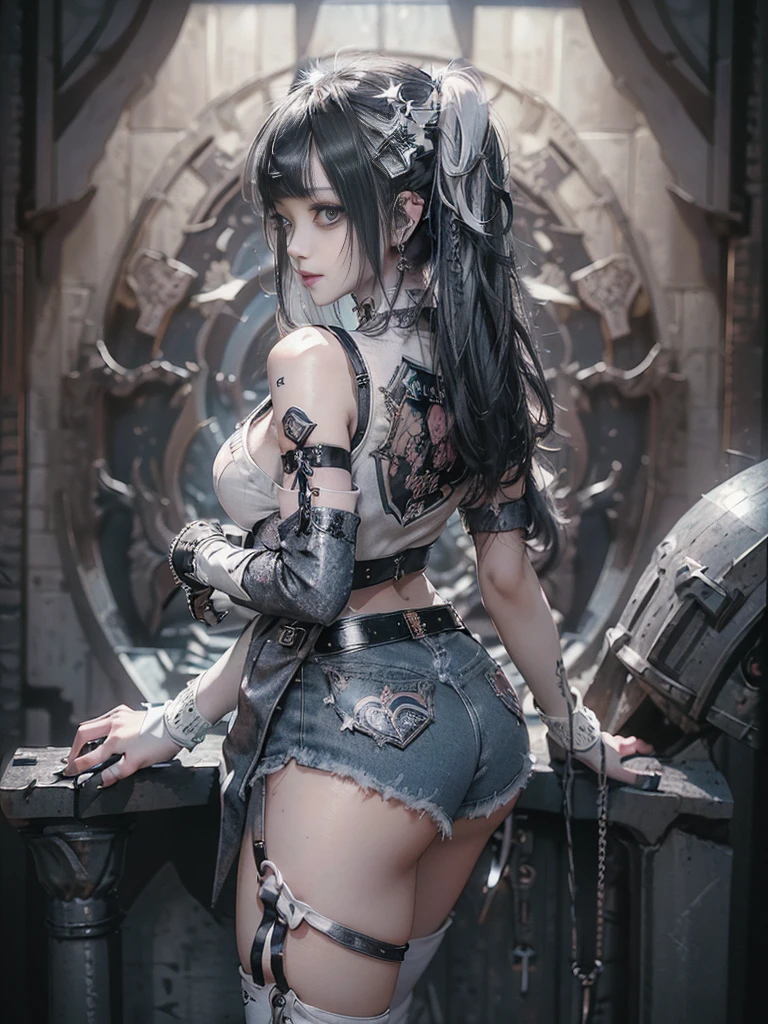 (Full Body View:1.3)、(Back view:1.4)、(Wearing a thong:1.4)、(Accentuate your butt:1.3)、(Smiling with teeth showing:1.3),(Shibuya Gal:1.5)、(Neo-goth style fashion:1.5)、(Punk RockVisual Kei:1.4)、(A high-leg bodysuit in a delicate design of denim, silver and black:1.5)、(Denim, black gloves and sailor shirt:1.5)、(Denim high heels:1.3)、(Wearing silver accessories:1.5)、(Denim collar:1.4)、(Black Leather Garter Belt:1.4)、(Brown Skin Belt:1.3)、(Black lace underwear:1.5)、20-year-old、NSFW、((Highest quality、In 8K、masterpiece:1.3))、Sharp focus:1.2、(Layered Cut、Huge boobs:1.1),Beautiful woman with perfect figure:1.4、(Dancing vigorously:1.3)、Slender Abs:1.2、Highly detailed face and skin texture、Detailed eyes、double eyelid,(Twin tails:1.3)、(Grey colored hair:1.3)、Gravure idol、(The Caribbean cityscape in the background:1.3)、(Slim body:1.3),(Make your legs thinner:1.4),（clavicle:1.1）