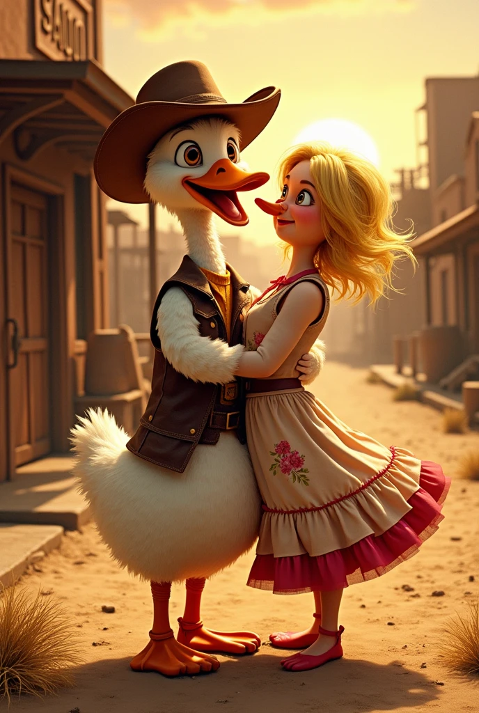 Goose in human form hugs blonde woman in wild west