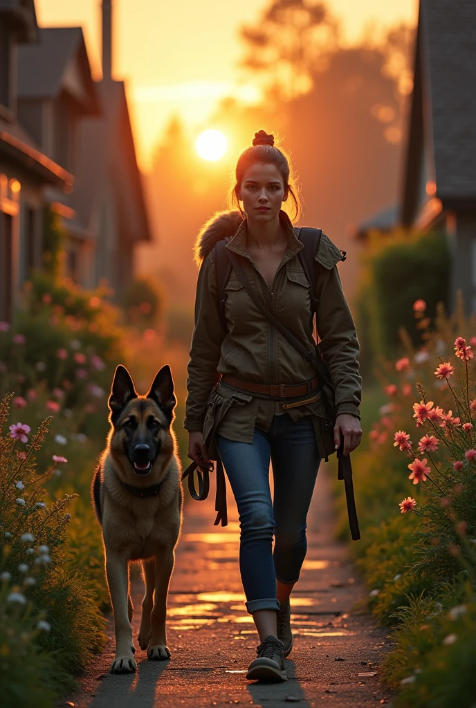 Now the master is carrying the chest in her shoulder and moving towards the home with German shepherd 