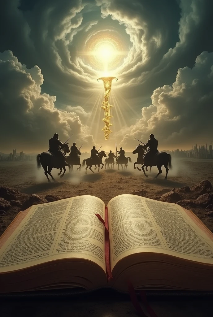 Bible with apocalypse in the background, 4 horsemen of the apocalypse, 7 trumpets