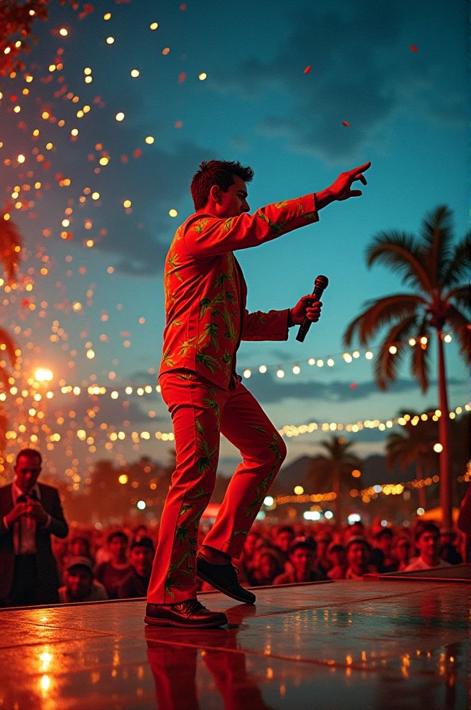 A Thai male singer wearing a chili-patterned outfit sings on an outdoor concert stage at Saphan Khwai, Bangkok, Thailand, in 1991.