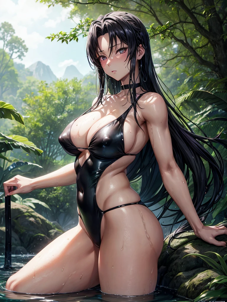 Anime girl in black swimsuit poses in the forest, conceptual art inspired by Rei Kamoi, pixiv, what is?, moist and shiny skin!!, revy black lagoon, Revy from Black Lagoon, beautiful anime girl, The character is in his natural pose., Yuri Misaki, wet swimsuit