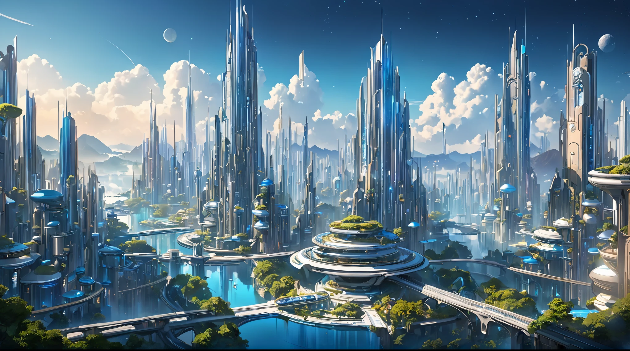 masterpiece, 最high quality, high quality, Fantasy Aesthetics, Very detailed, Beautiful views, Fantasy city of the future, Metropolis, Background only, No other exists (human, wait.), Very detailed的 CG 统一 8k 壁纸), Clay texture, Clean background, Natural light, 最high quality, Super detailed, At night