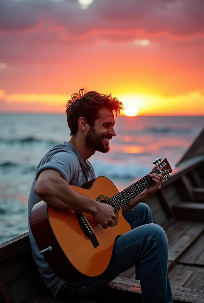 Playing guitar on a boat in the middle of the endless ocean. A sunrise with red and blue colors. short hair man.