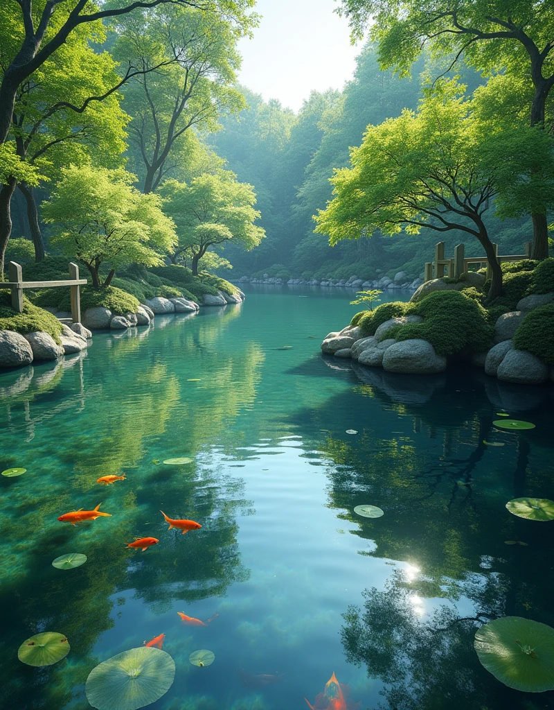 (masterpiece:1.2,Highest quality,Ultra-high resolution,Very detailed,Realistic,Ultra-high resolutionのカメラ),8k,wallpaper,(Shooting the pond from above),(Depicting the bottom of a pond with the reflections removed from the water surface:2.0),sunny,Japanese garden,Serene landscape,Healing