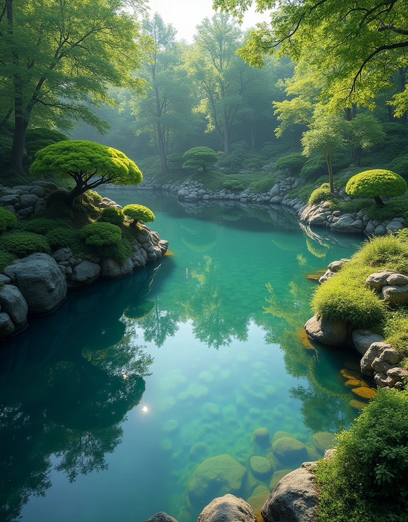 (masterpiece:1.2,Highest quality,Ultra-high resolution,Very detailed,Realistic,Ultra-high resolutionのカメラ),8k,wallpaper,(Shooting the pond from above),(Depicting the bottom of a pond with the reflections removed from the water surface:2.0),sunny,Japanese garden,Serene landscape,Healing