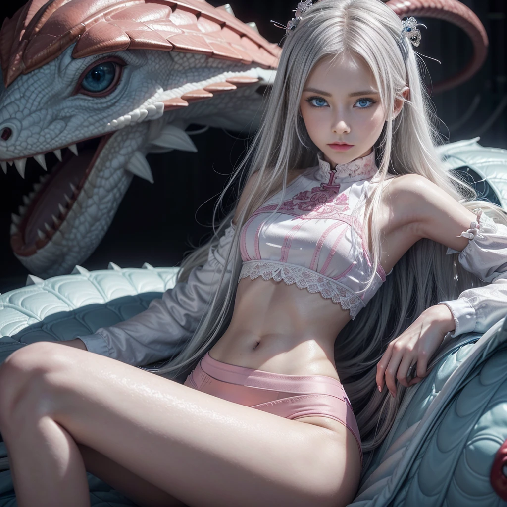 Worm-shaped monster wrapped around a beautiful girl, naked, white skin, white hair, nasty girl, white watery legs