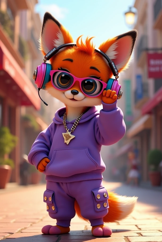 Create a 3D Disney Pixar style young fox named Fluffy. She should have vibrant orange fur with white spots on her belly and paws., with big, expressive eyes and cute ears. Cute should wear a cool and modern purple outfit:
vestimentas:
A purple sweatshirt set, with an oversized style Purple jogger pants coordinated with the sweatshirt, with contrasting fabric details.
Accessories to be included:
A pair of large, colorful headphones, with shiny details.
A chain necklace with a star or heart pendant.
A smartwatch with a bright screen and a sports strap.
A pair of stylized sneakers, with vibrant colors and unique details.
Fashion sunglasses with mirrored frames.
Fofinha must have a casual and cool attitude, adjusting headphones or showing off sunglasses. The background should be a modern and vibrant urban environment, like a city street or a cool cafe, capturing the youthful energy and style typical of Disney Pixar.