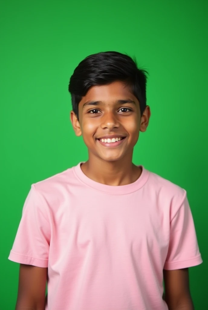 a 22 year old indian boy wearing plain pink woollen tshirt facing towards camera , no beard, black hair ,plain green backgroung, photo clicked by iphone 15pro