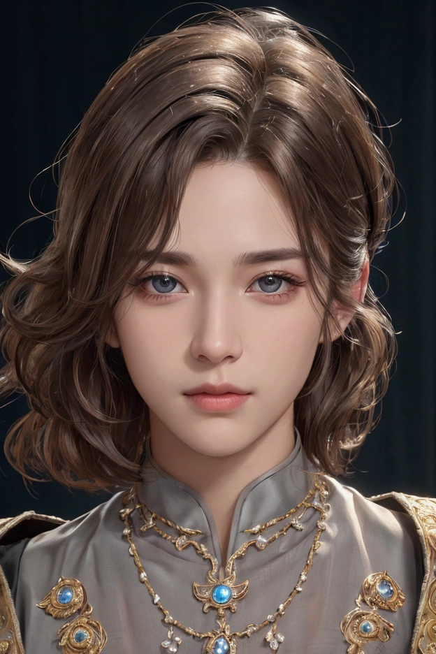 high quality, 8k, Ultra detailed, hdr, human only, studio light, Masterpiece, front of a face, Handsome face, Focus on your audience, handsome man, light-brown hair, azure big beautiful grey eyes, closed mouth, messy hair, dynamic pose realistic, detailed and correct facial structure, pomade hair style, with blangkon sunda