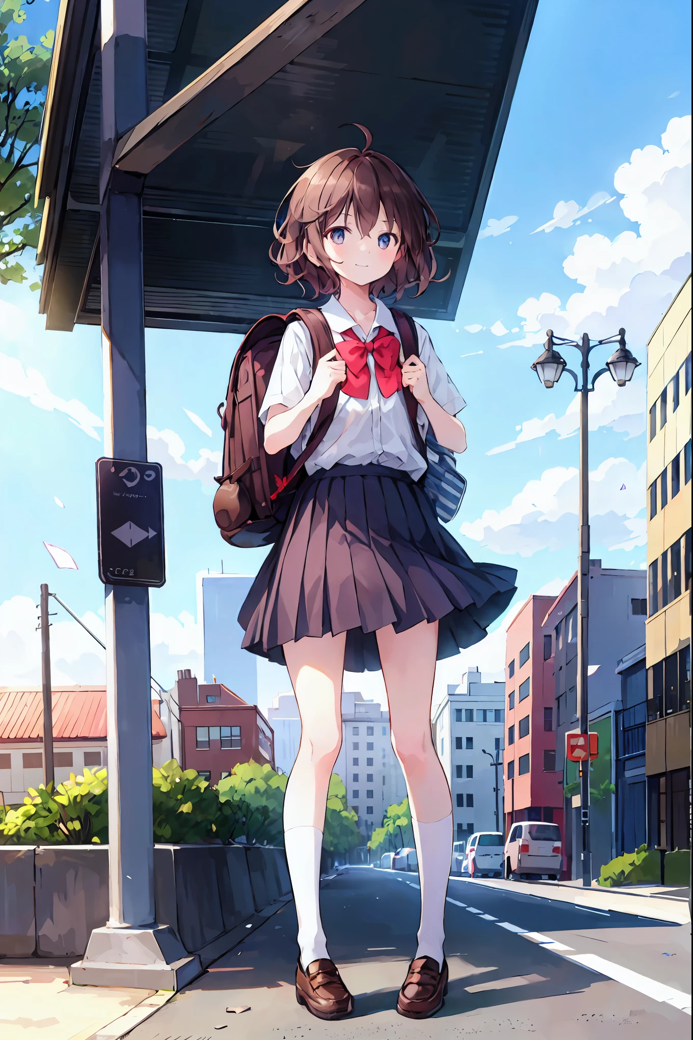 One person, alone, Outdoor, sunlight, dress, Cityscape,  street, Seraphim, Checked skirt, school uniform, Backpack, Mouth closed, A light smile, Are standing, bus stop,Brown Hair，Shortcuts，Messy Hair，Slender beauty，Beautiful feet，，，