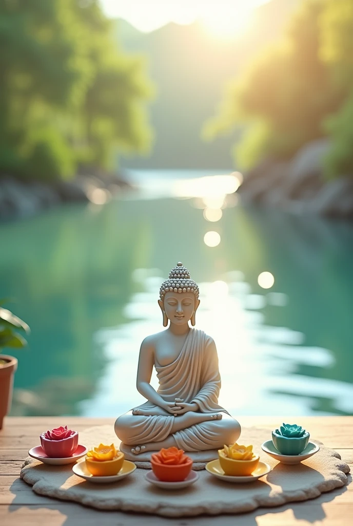Pastel zen decor with chakras and Buddha In the background a landscape of water and greenery