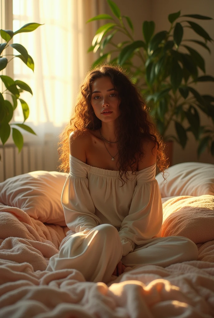 (photorealism:1.2), beautiful woman, sitting on bed, wearing loose off-shoulder top, pajama pants, long curly hair, indoors, soft lighting, plants in background, window with sunlight, cozy room, relaxed pose, realistic, intricate details, warm colors, by Greg Rutkowski, by Alphonse Mucha