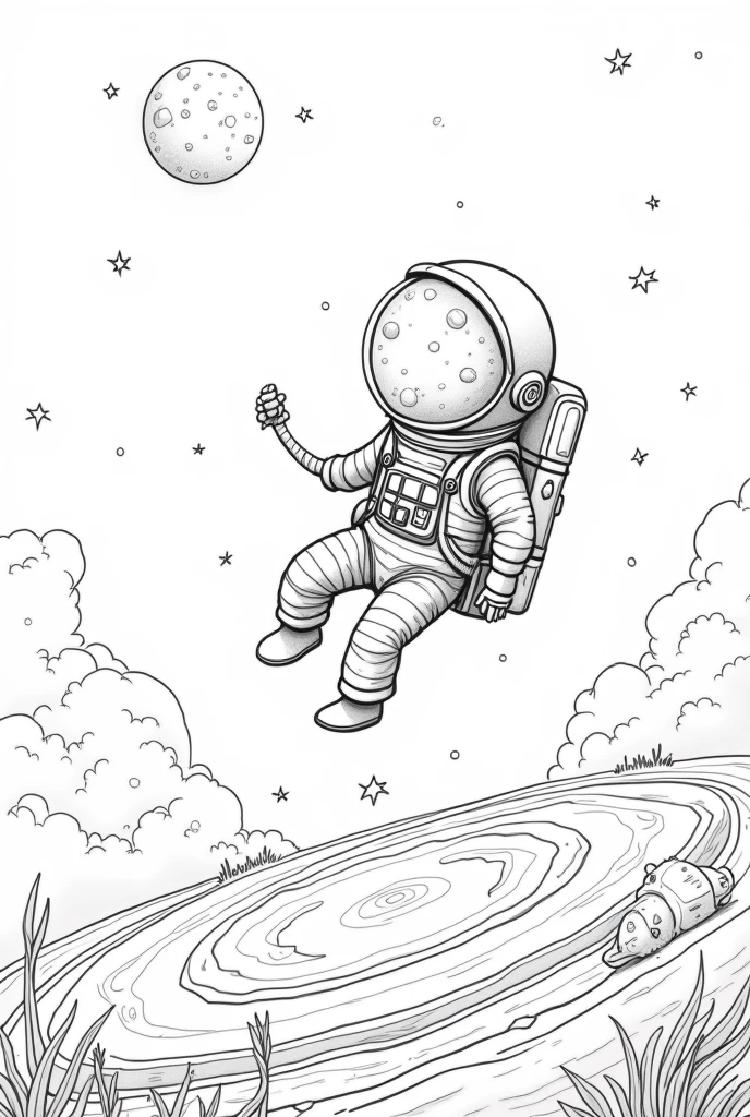 Astronaut coloring page on a planet top view black and white