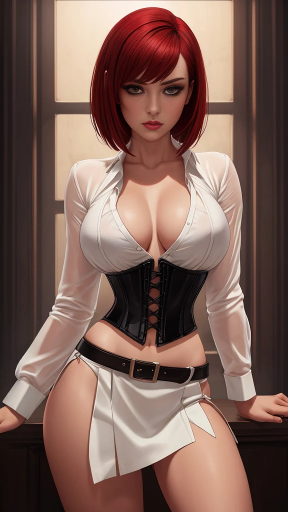 a gorgeous woman wearing a white silk shirt with a deep v neck, tiny white miniskirt, and a belt, cinched waist, bright lighting, photorealistic, high fashion editorial, crimson hair, vampire, corset, looking at camera, bobcut hair, undercut hair, red panties
