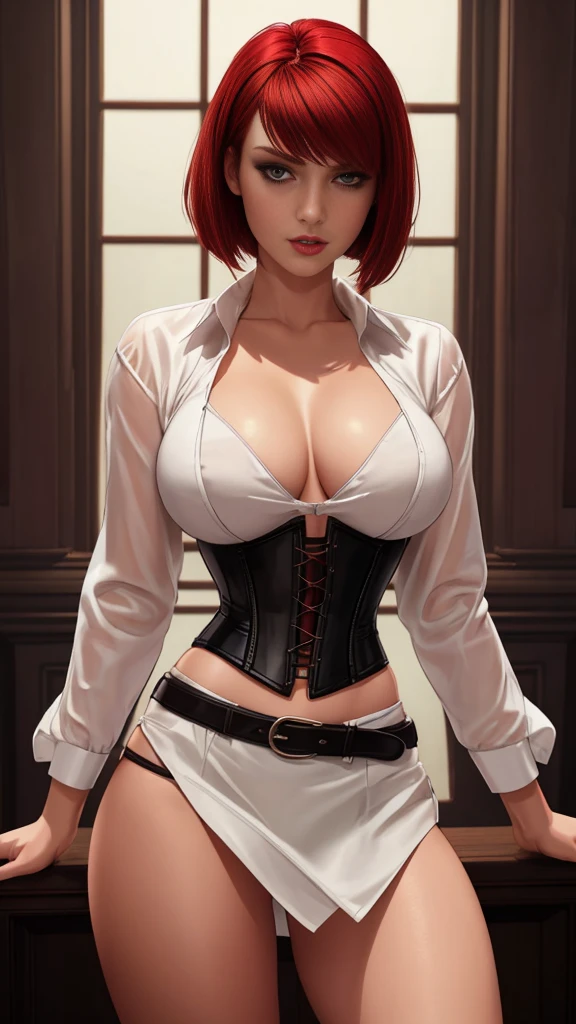 a gorgeous woman wearing a white silk shirt with a deep v neck, tiny white miniskirt, and a belt, cinched waist, bright lighting, photorealistic, high fashion editorial, crimson hair, vampire, corset, looking at camera, bobcut hair, undercut hair, red panties