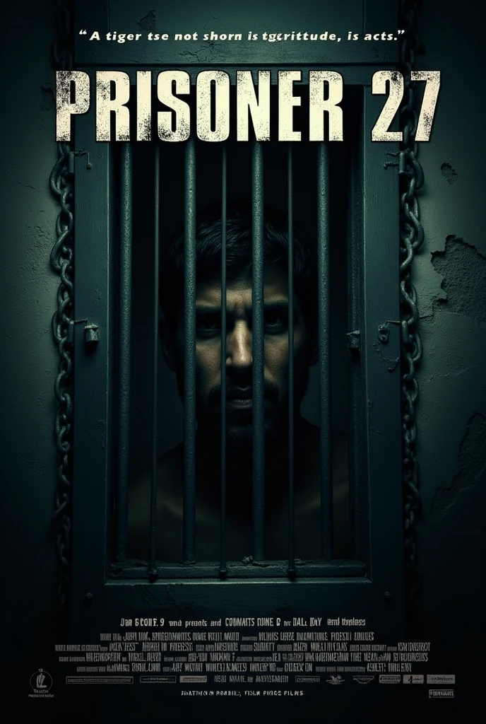 Create a movie poster for the film titled 'PRISONER 27.' The poster should depict the character 'Peter,' played by Jay, in a prison setting, with his face partially obscured by jail bars or other prison elements like shadows or chains. The obscured face should add to the mystery and tension, suggesting confinement and struggle. The tagline 'A tiger does not shout its tigritude, it acts.' should be prominently displayed in a bold, gritty font. The background should be dark and moody, with intense lighting that highlights the prison elements and creates a sense of suspense.
Include the following credits at the bottom of the poster in a professional movie-poster style:
Naduthattil Productions Presents
In association with HUSSAIN BROTHERS
Written & Directed by ASHIQ HUSSAIN
An AALAP KRISHNA MUSICAL
DOP AKSHAY MOHAN
EDITOR SREEJITH
SCREENPLAY by SUBIN SURESH, ASHIQ HUSSAIN
PRODUCED BY ANANDHU KRISHNAN, ASIF HUSSAIN
ASSOCIATE DIRECTOR ALTHAF
SFX & MASTERING AALAP KRISHNA
DI POTTAKKANNAN
ASSISTANT DIRECTOR ABHISHEK KUMAR
PUBLICITY DESIGN - Ajay Biju
JAY as PETER
Use shadows and lighting to create an intense atmosphere, with the hidden elements adding depth to the poster. The overall tone should be dark and evocative, drawing the viewer into the film’s storyline."