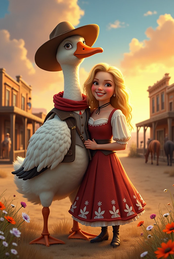 Goose man hugs blonde woman in wild west