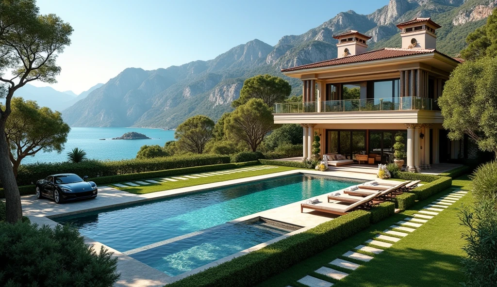 luxury mansion with a luxuary car parked in front of it, green yard with trees, behind sea and mountains, luxury pool, luxury lifestyle, luxurious environment, luxury architecture, rich, huge mansion, rich style, luxury and elite, extremely opulent, luxurious, hyper luxurious, majestic masterpiece, wealthy, luxury, stunning grand architecture, exquisite masterpiece, flaunting his wealth, inside a grand, architectural masterpiece