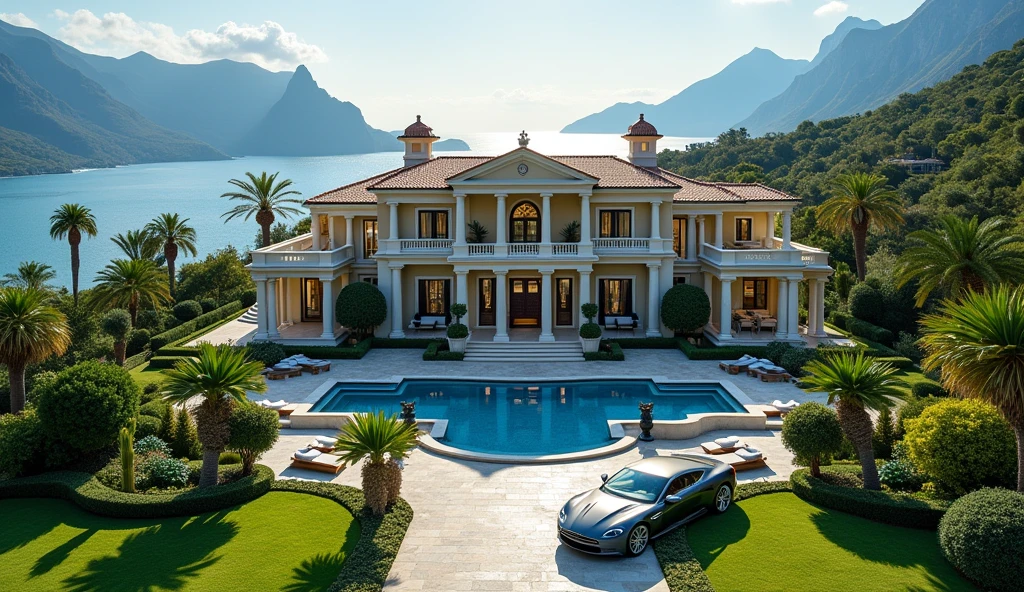 luxury mansion with a luxuary car parked in front of it, green yard with trees, behind sea and mountains, luxury pool, luxury lifestyle, luxurious environment, luxury architecture, rich, huge mansion, rich style, luxury and elite, extremely opulent, luxurious, hyper luxurious, majestic masterpiece, wealthy, luxury, stunning grand architecture, exquisite masterpiece, flaunting his wealth, inside a grand, architectural masterpiece