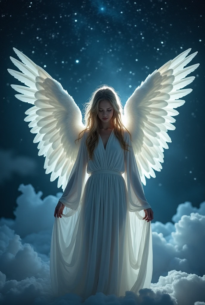 A human angel in a white robe and white wings, dark night background